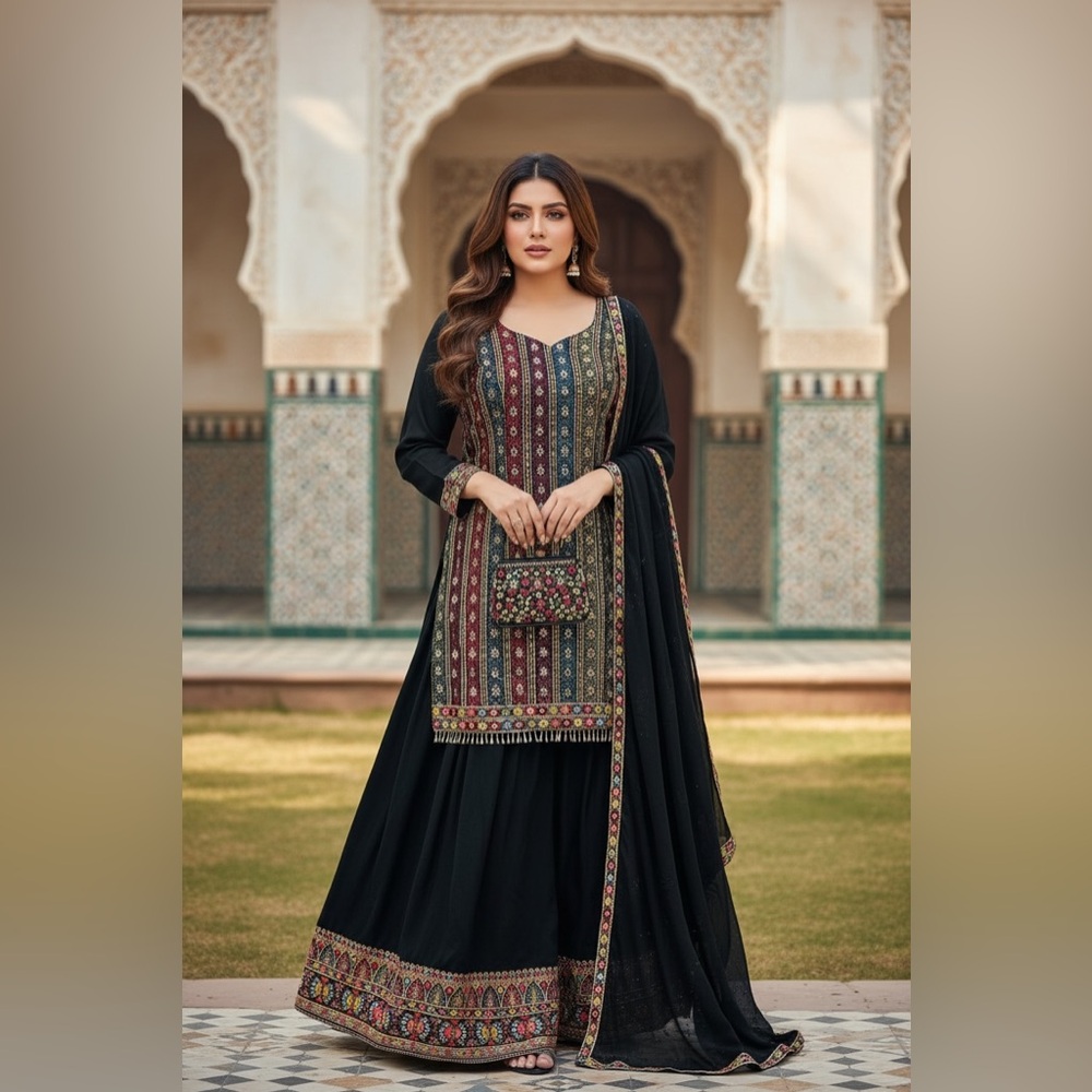Elegant Multicolor Embroidered lehenga with long top.